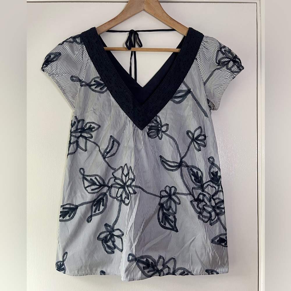 Beth Bowley Silk Cotton Floral Mesh Design Navy Stripe Eyelet Coquette Boho Chic